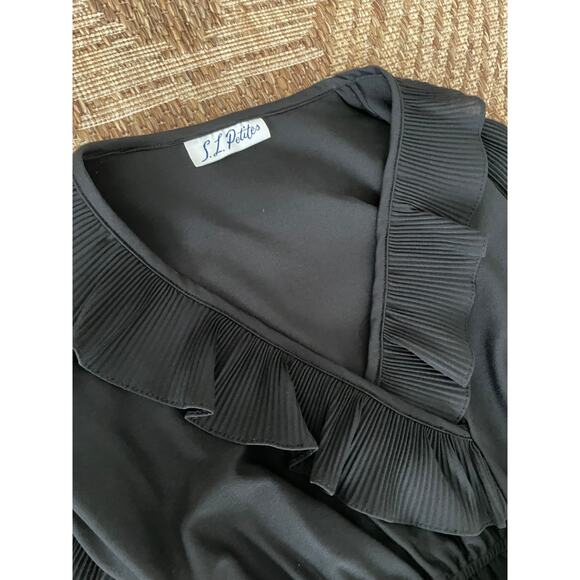 Vintage S.L. Petites Black Sheer Ruffle detailed Dress with belt retro disco - Picture 8 of 10